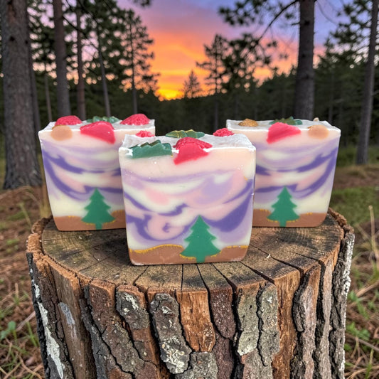 Strawberry Pines at Sunset Soap – Lavender, Rosemary, Tea Tree Frankincense & Eucalyptus Essential Oils | Handmade Mountain-Inspired Soap | Yellow Lark Soap Co.