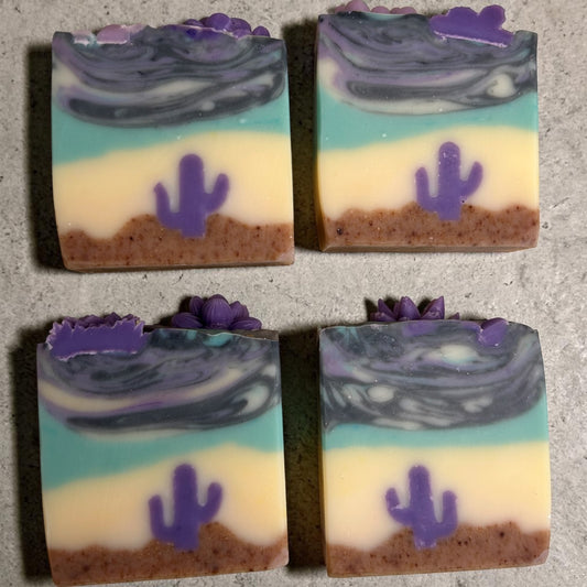 Desert Day Dream Tallow Soap | Lavender, Litsea Cubeba & Frankincense |Artisan Soap with Purple Cactus Design