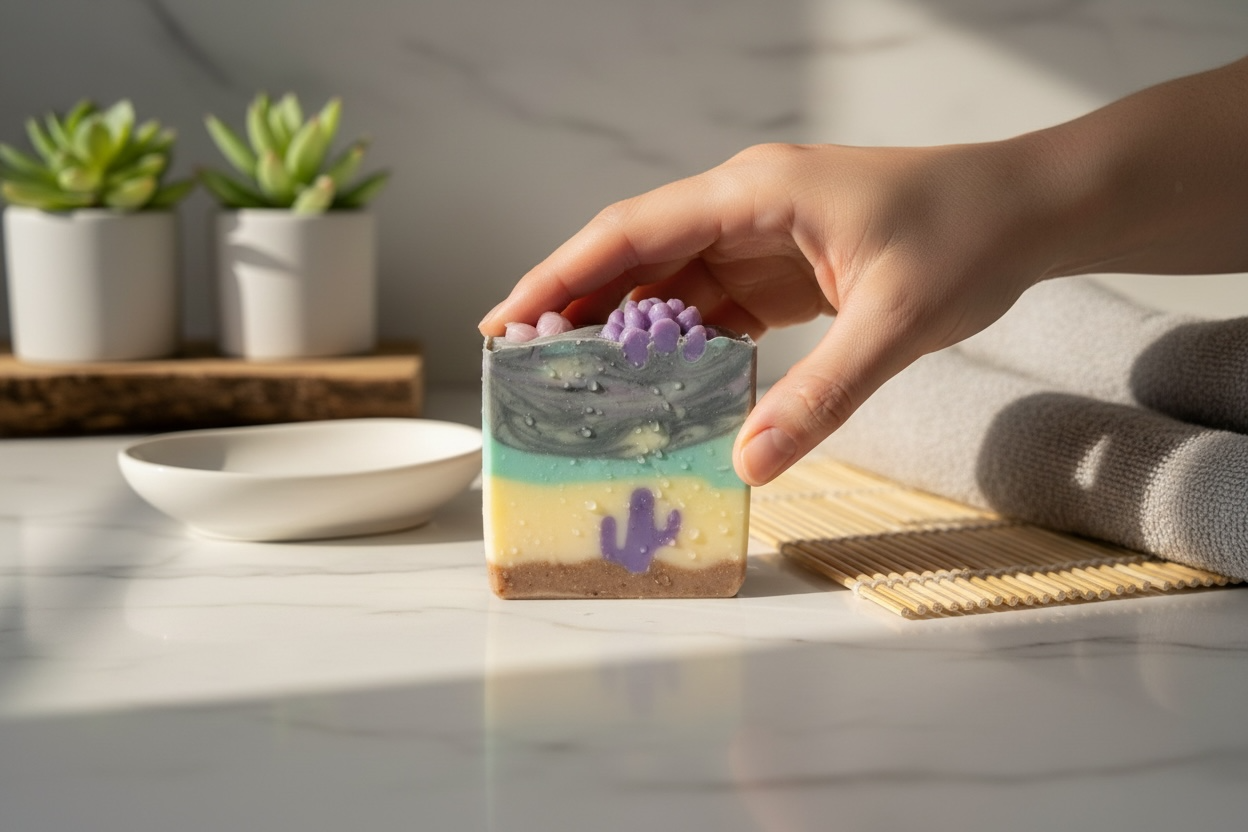 Desert Day Dream Tallow Soap | Lavender, Litsea Cubeba & Frankincense |Artisan Soap with Purple Cactus Design