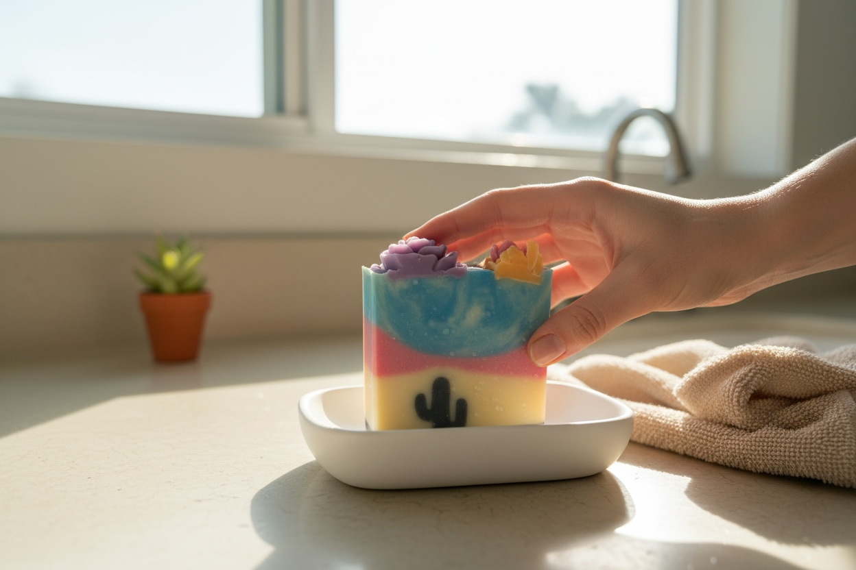 Mystic Bloom Artisan Tallow Soap – Lavender, Frankincense & Tangerine Essential Oil Soap “Where desert sunsets meet wild blooms.”